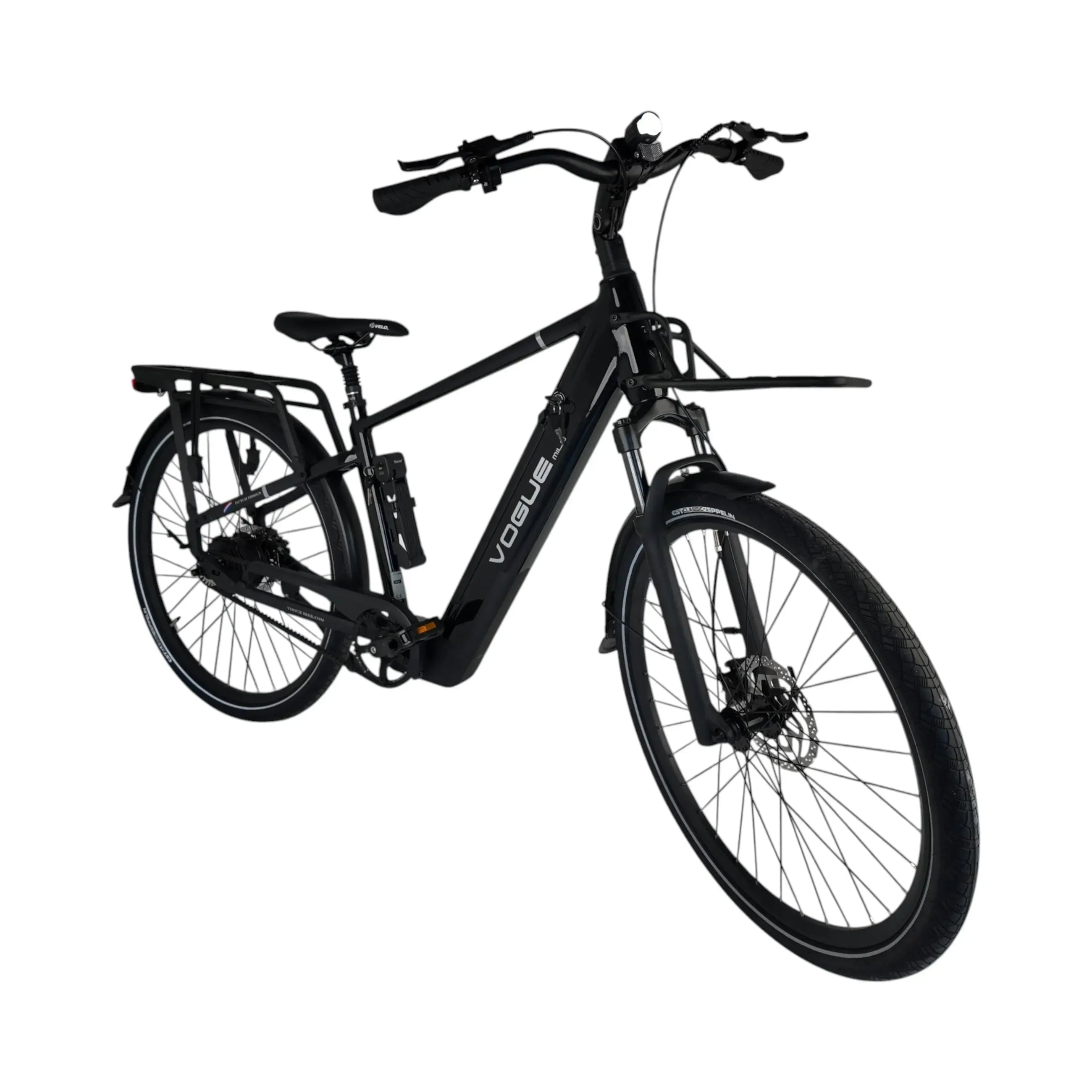 Zwarte Vogue Milo Man e-bike met onderhoudsarme riemaandrijving en comfortabele zithouding voor stadsgebruik.