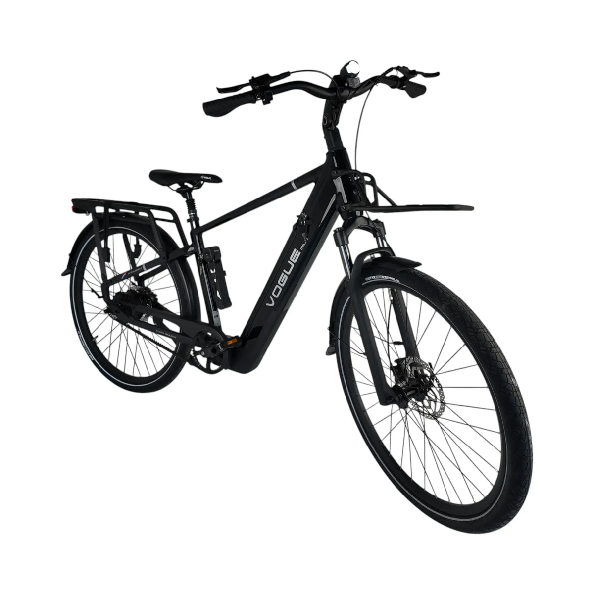 Zwarte Vogue Milo Man e-bike met onderhoudsarme riemaandrijving en comfortabele zithouding voor stadsgebruik.