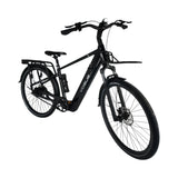 Zwarte Vogue Milo Man e-bike met onderhoudsarme riemaandrijving en comfortabele zithouding voor stadsgebruik.