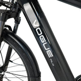 Zwarte Vogue Milo Man e-bike met riemaandrijving en accu, onderhoudsarm en geschikt voor stadsgebruik.