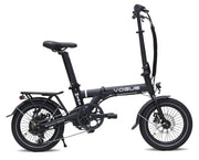 Compacte zwarte Vogue Mini elektrische vouwfiets voor dagelijks gebruik, inclusief stuur, zadel en vouwmechanisme.