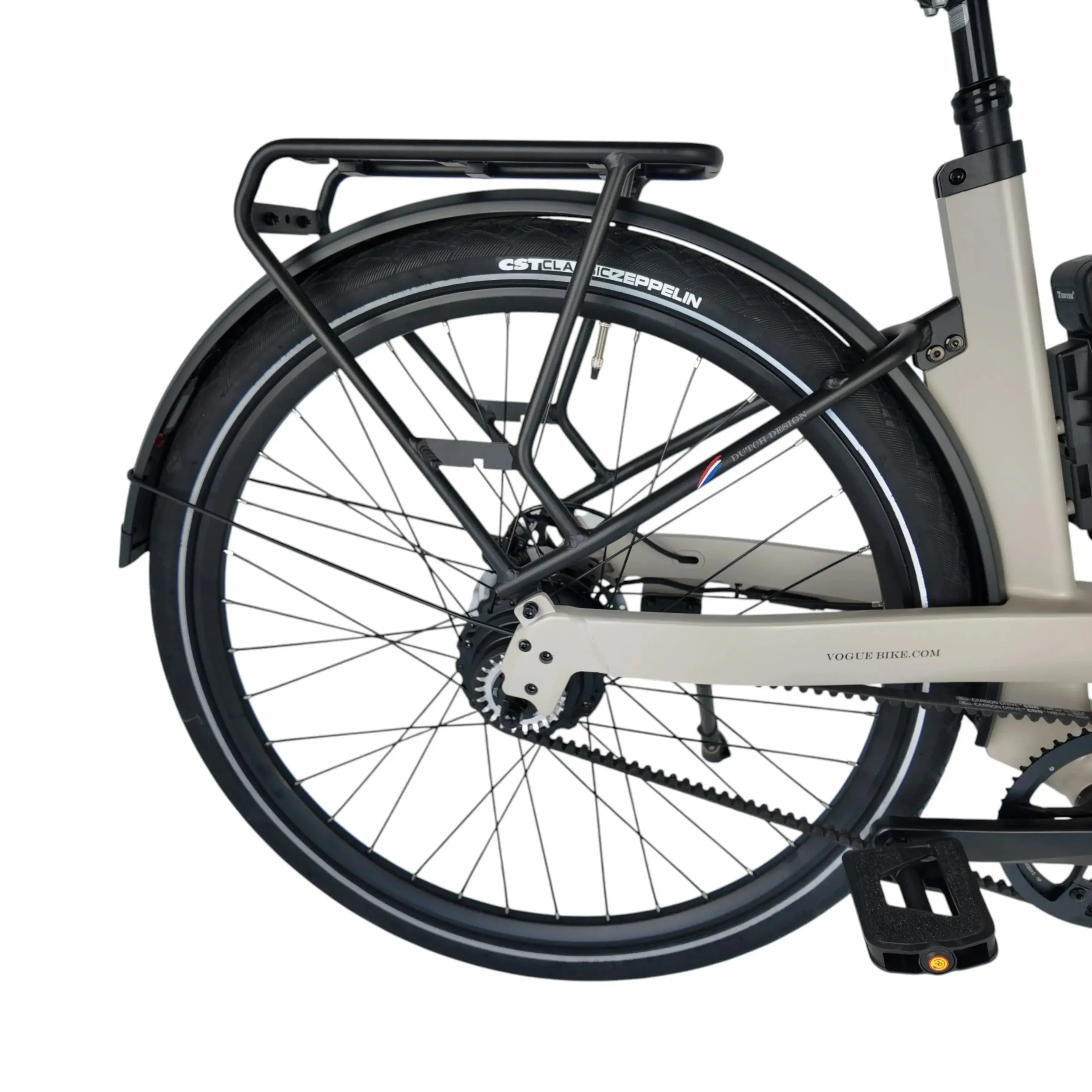 Vogue Nova grijze elektrische fiets met lage instap en motor, geschikt voor comfortabel stadsgebruik en lange ritten.