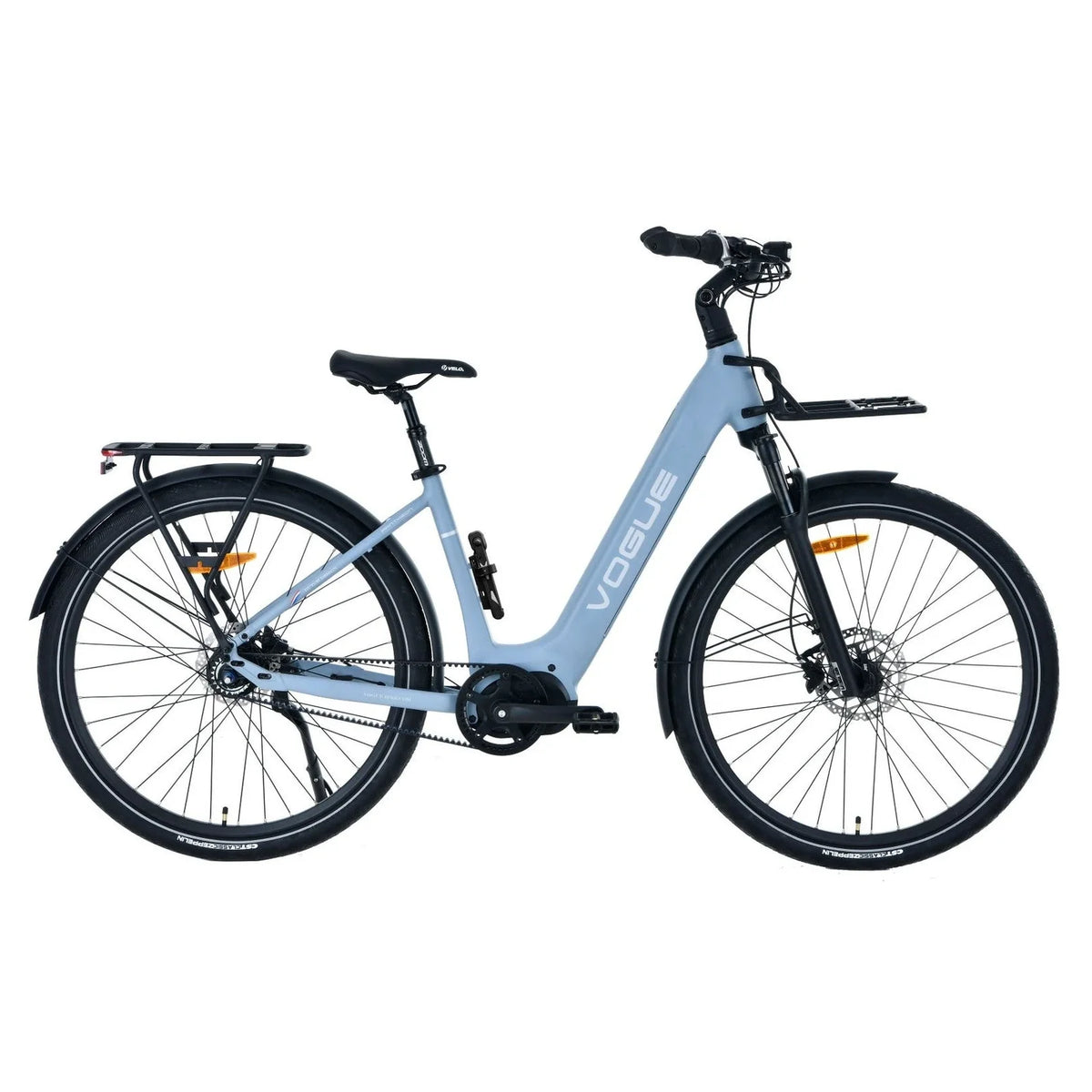 Vogue Pantheon Grey-Blue elektrische fiets met middenmotor, matte afwerking en comfortabel ontwerp, geschikt voor stadsritten.