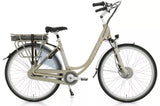 Vogue Premium N7 Champagne elektrische stadsfiets met comfortabele zithouding en moderne design, ideaal voor stadsverkeer.