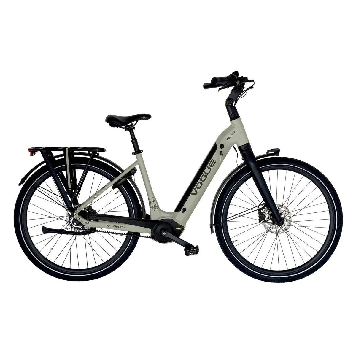 Vogue Prestige Cement Grijs elektrische fiets met lage instap, lage frame en comfortabele zithouding, ideaal voor stadsritten.