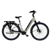 Vogue Prestige Cement Grijs elektrische fiets met lage instap, lage frame en comfortabele zithouding, ideaal voor stadsritten.