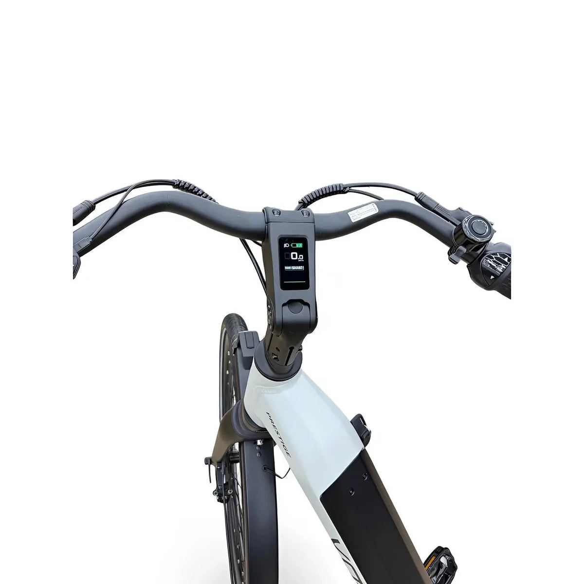 Vogue Prestige Cement Grijs elektrische fiets met lage instap, framemerk en comfortabele zitpositie.