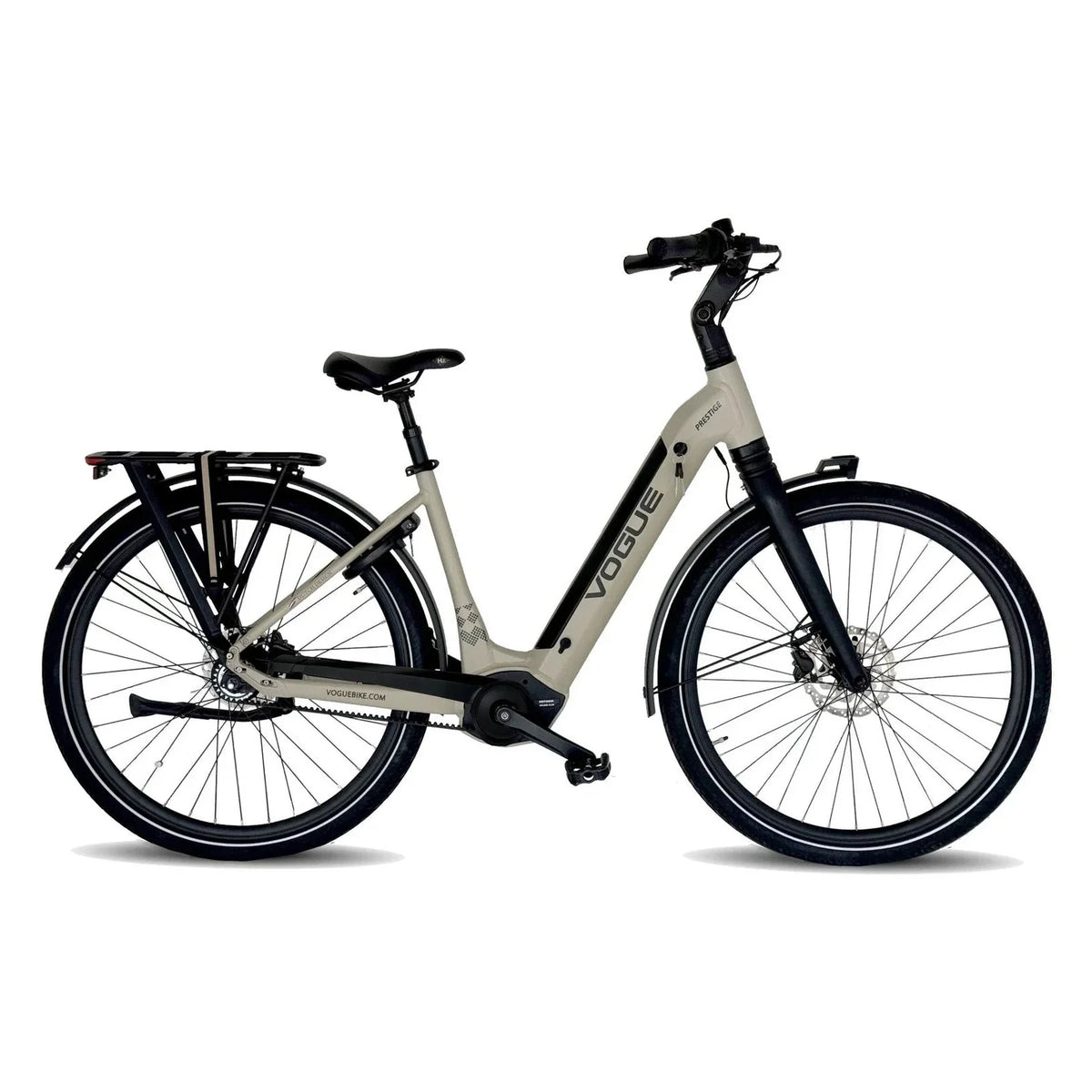 Vogue Prestige Fashion elektrische fiets in grijs met lage instap, unisex e-bike met comfortabel zadel en moderne ontwerp.