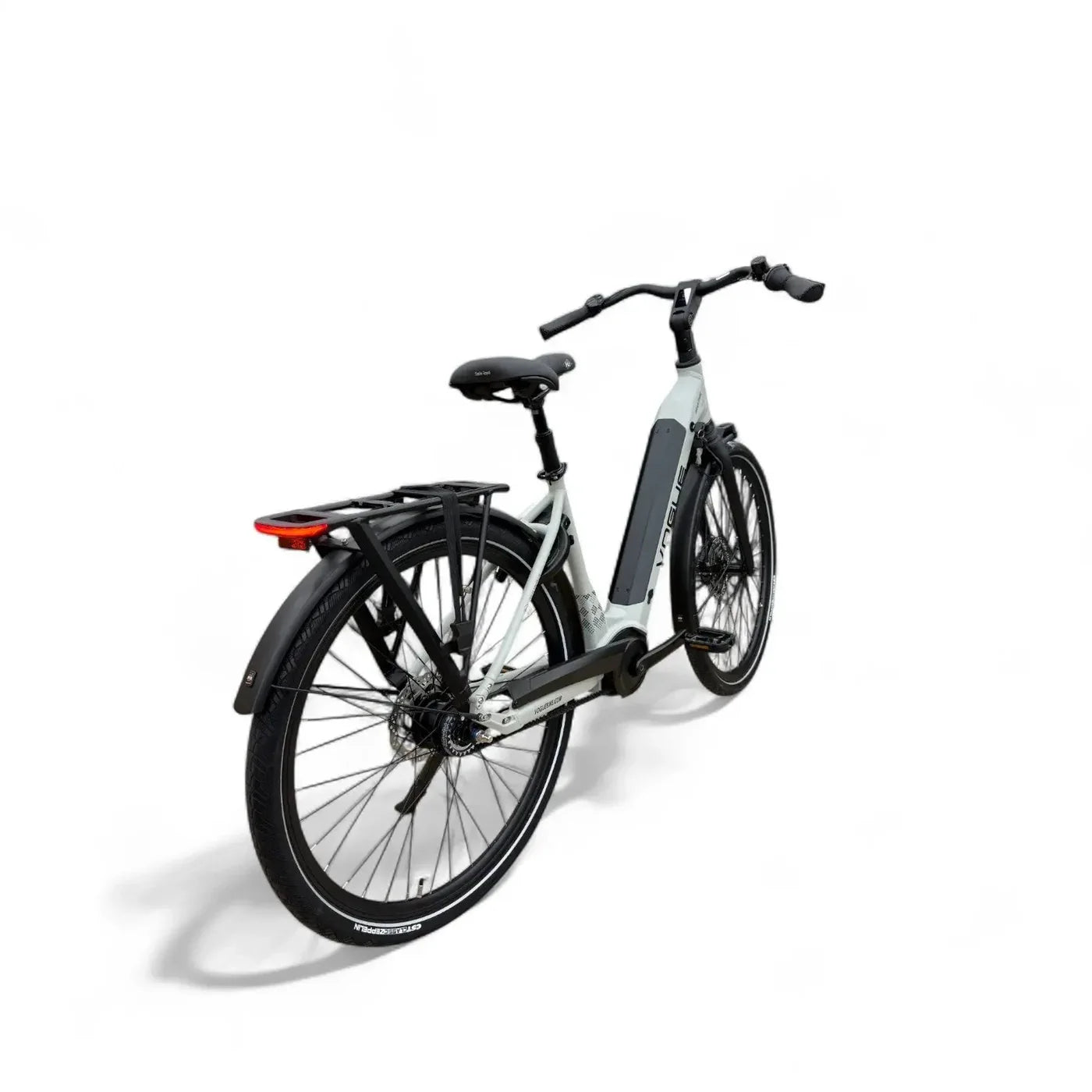 Vogue Prestige Fashion Grijs elektrische fiets met lage instap, achterzicht en comfort voor stadsgebruik.