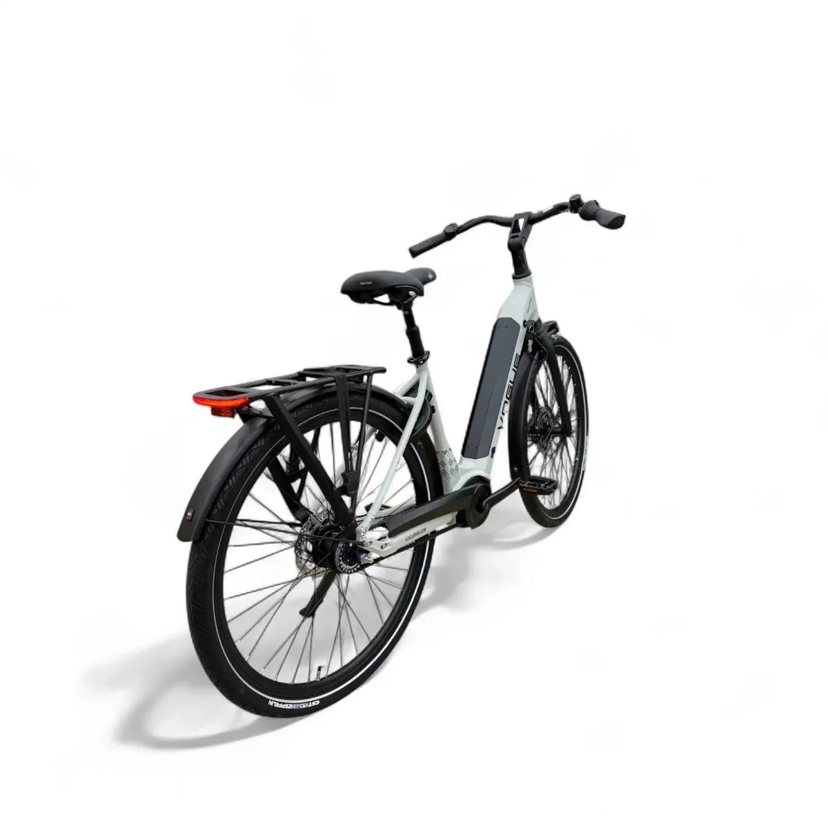 Vogue Prestige Fashion Grijs elektrische fiets met lage instap, achterzicht en comfort voor stadsgebruik.