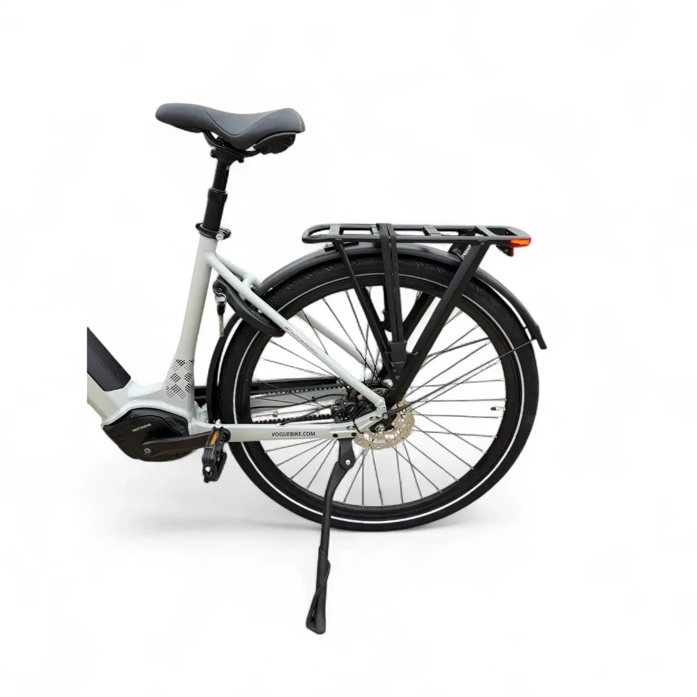 Vogue Prestige Fashion Grijs elektrische fiets met lage instap, achteraanzicht, comfortabel en stijlvol ontwerp voor stadsverkeer