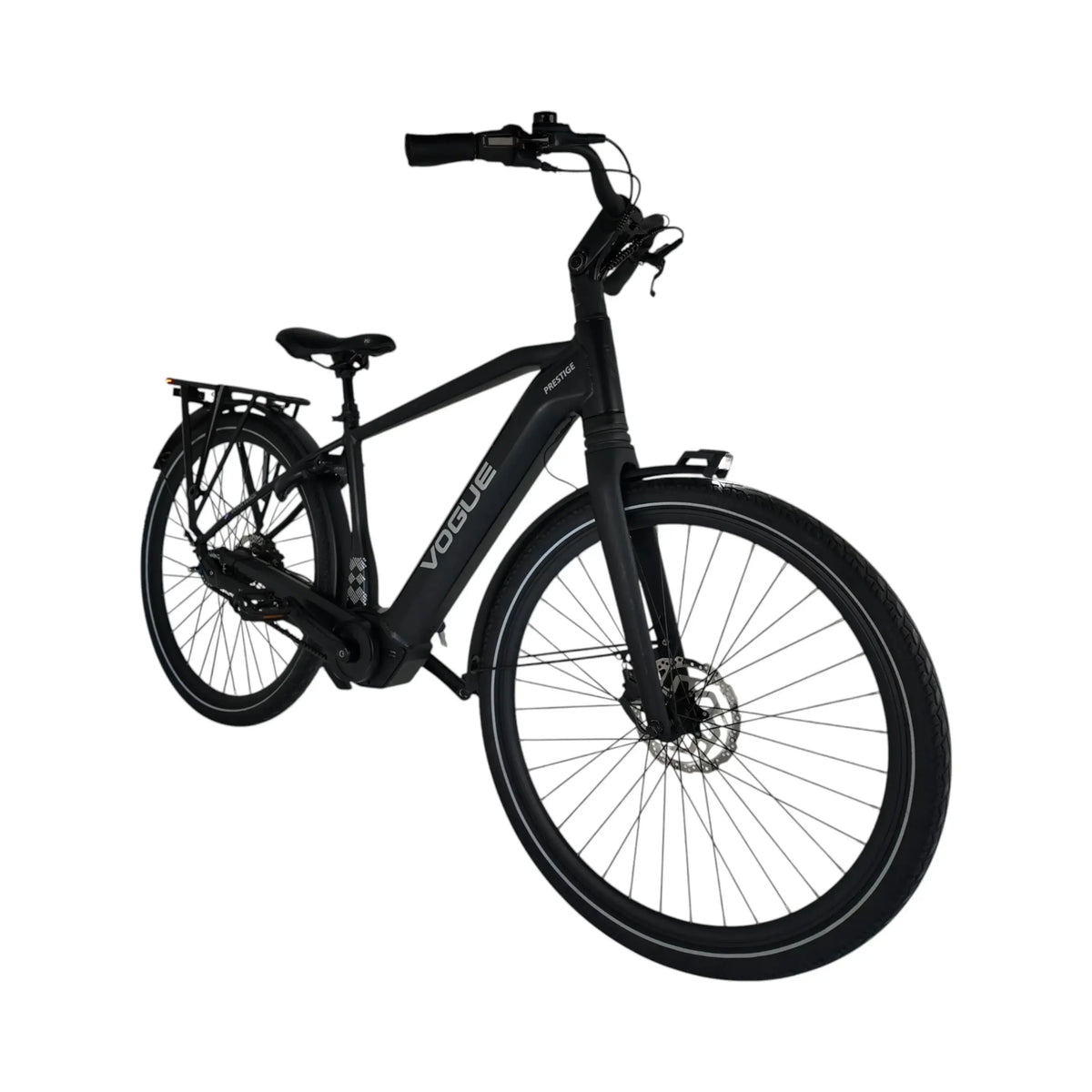 Vogue Prestige Man elektrische herenfiets met middenmotor, zwart frame en comfortabele zithouding, geschikt voor stadsritten.