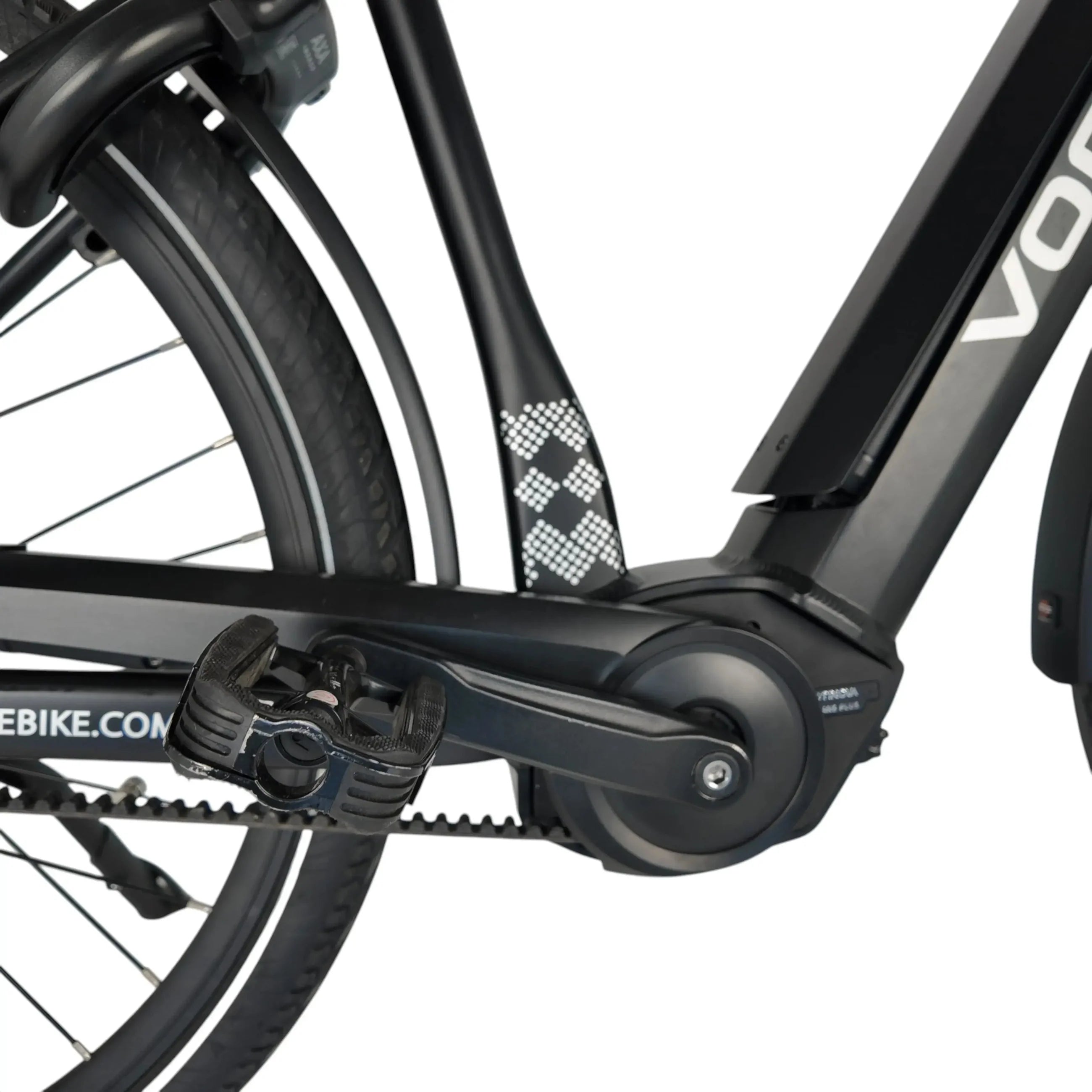 Vogue Prestige Man elektrische herenfiets met middenmotor, zichtbaar motoronderdeel en frame in de afbeelding.