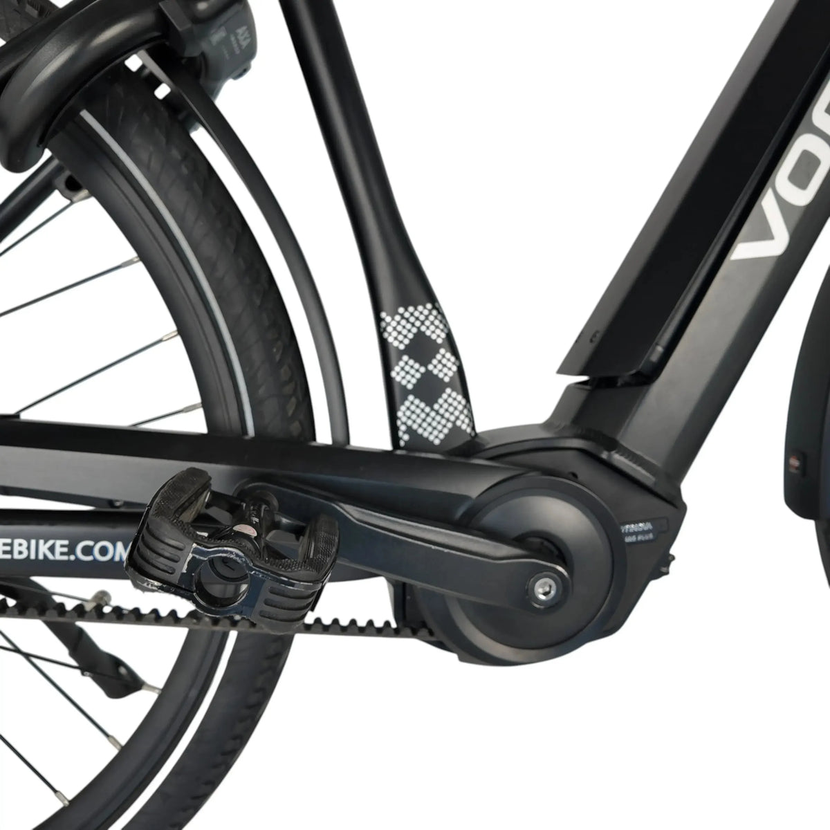 Vogue Prestige Man elektrische herenfiets met middenmotor, zichtbaar motoronderdeel en frame in de afbeelding.