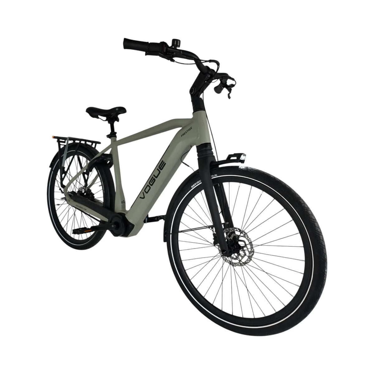 Vogue Prestige heren e-bike met middenmotor, cementgrijs frame en comfortabele zitpositie, ideaal voor stadsritten.