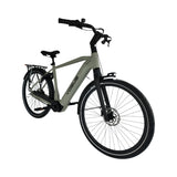 Vogue Prestige heren e-bike met middenmotor, cementgrijs frame en comfortabele zitpositie, ideaal voor stadsritten.
