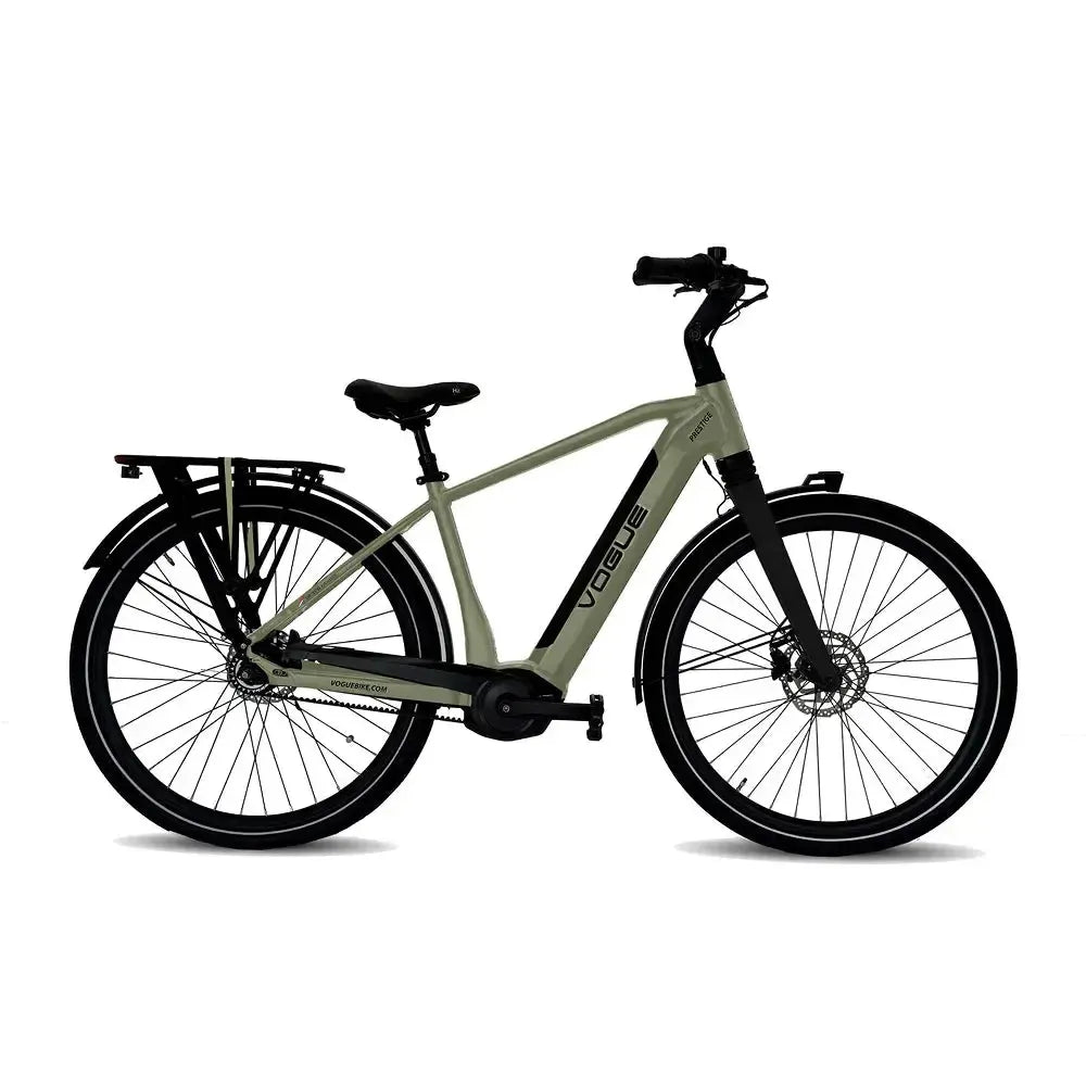 Vogue Prestige heren e-bike met cementgrijze riemaandrijving en middenmotor, stijlvolle en duurzame elektrische fiets.