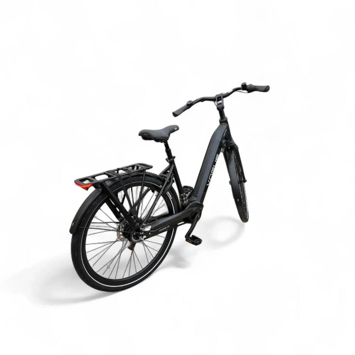Elektrische fiets Vogue Prestige Zwart met lage instap, comfortabel en stijlvol, geschikt voor stadsvervoer en recreatief gebruik.