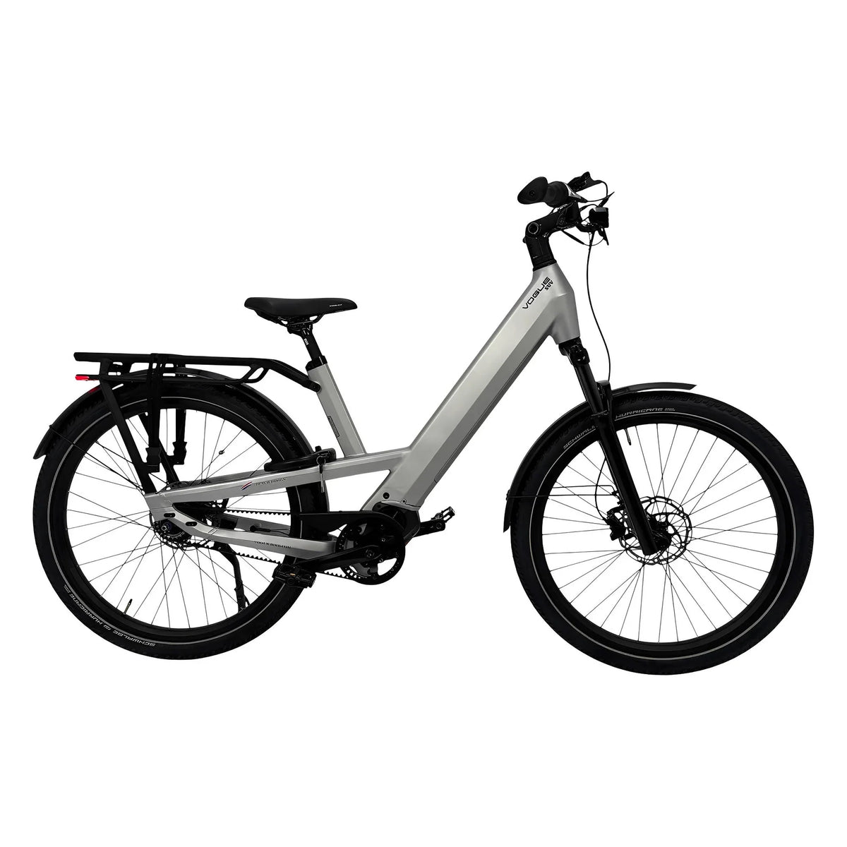 Vogue SUV elektrische fiets grijs met Shimano middenmotor, robuust frame en comfortabele zithouding, geschikt voor stads- en recreatief gebruik.