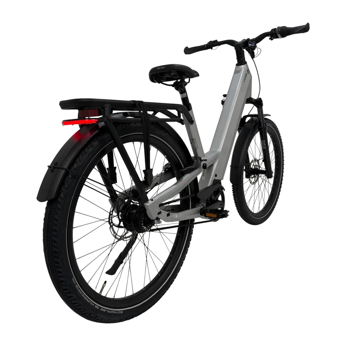 Vogue SUV grijze elektrische fiets met Shimano middenmotor en stevig frame, geschikt voor comfortabel en krachtig rijden.