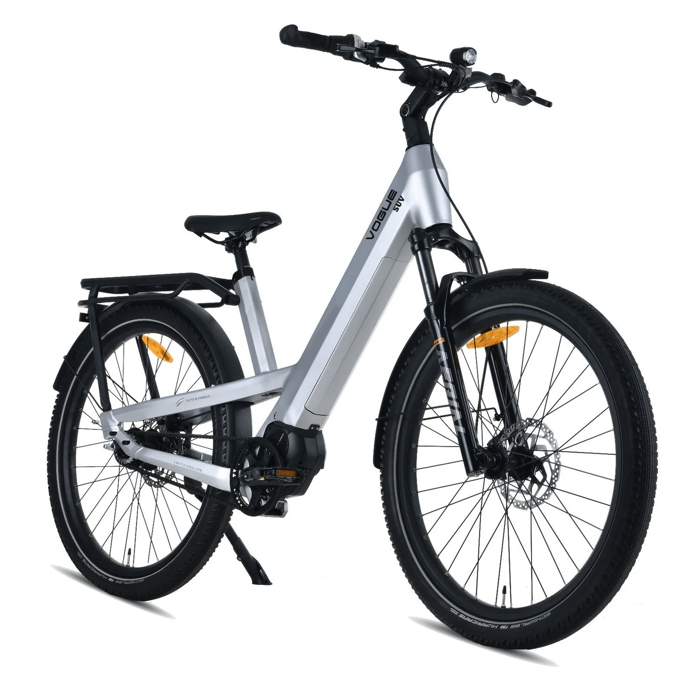 Vogue SUV grijze elektrische fiets met Shimano middenmotor, robuust frame en comfortabele zithouding voor stadsgebruik