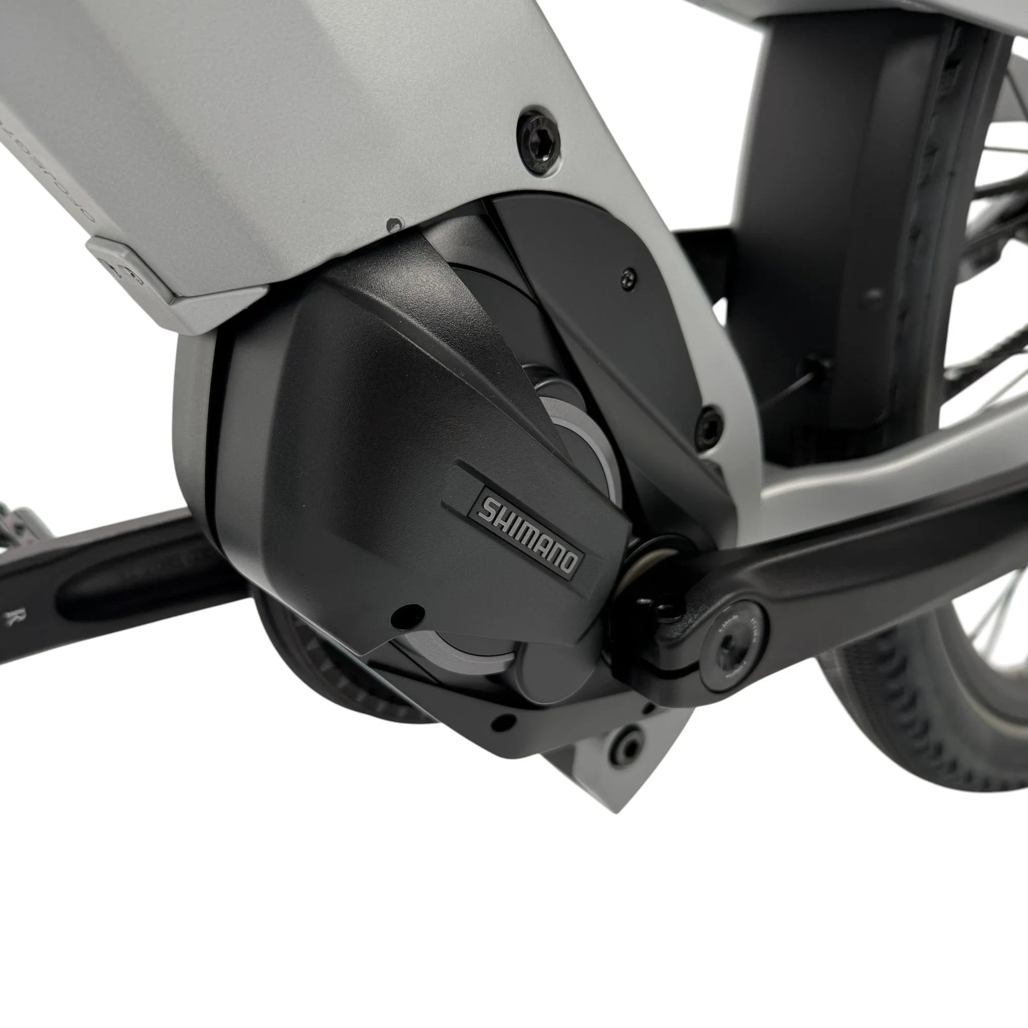 Vogue SUV Grijs elektrische fiets met Shimano middenmotor, stevig frame en comfortabele zithouding, geschikt voor stadsverkeer.