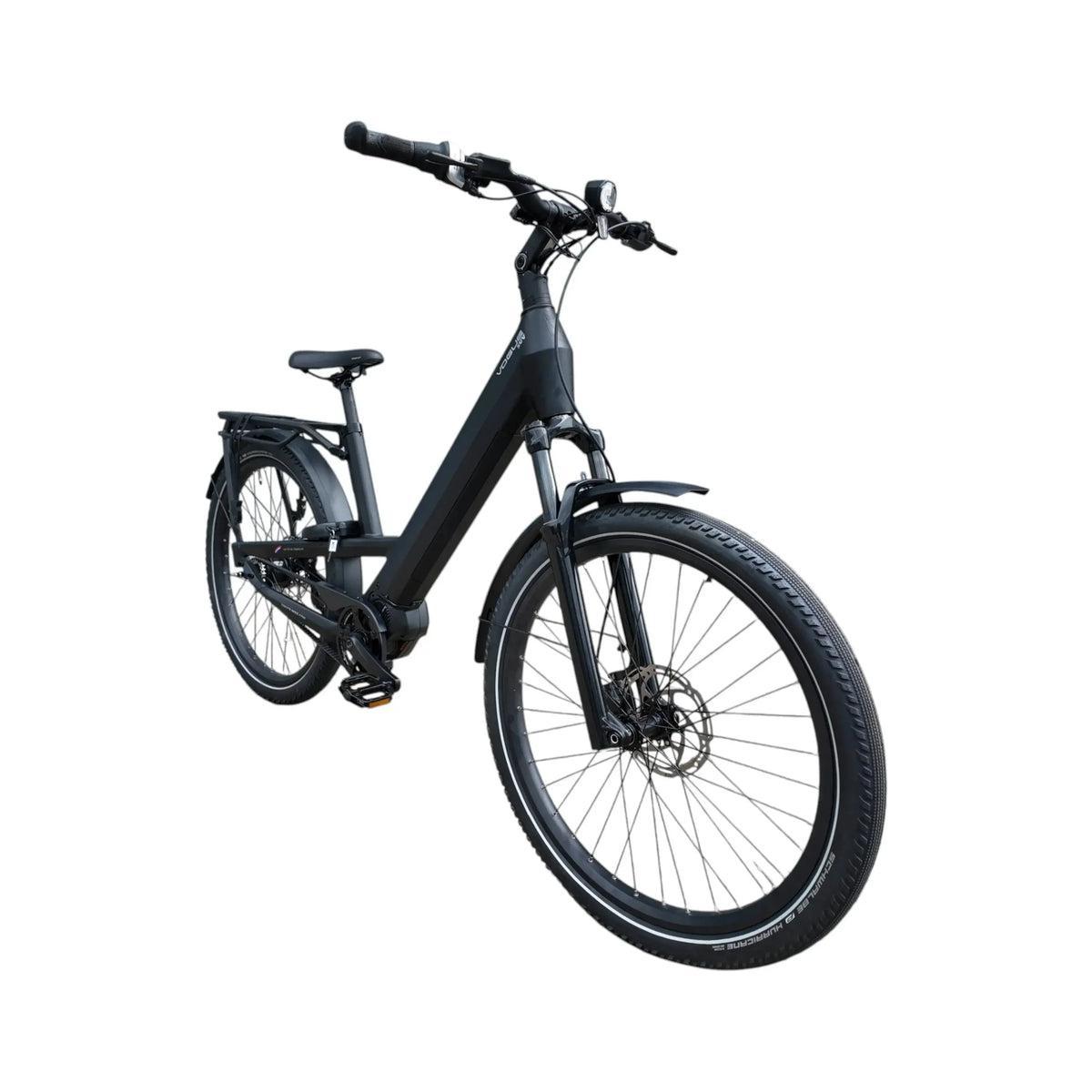 Zwart Vogue SUV elektrische fiets met Shimano middenmotor en robuuste frame, geschikt voor comfortabel stads- en recreatief rijden.