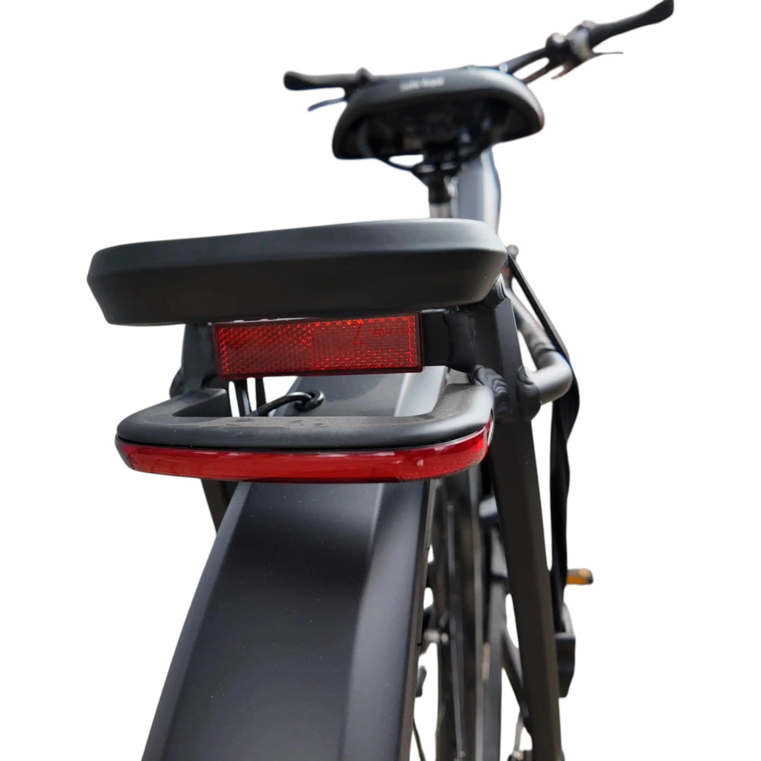 Vogue SUV Zwart elektrische fiets met Shimano middenmotor en LED-verlichting, frame en accupakket zichtbaar in de afbeelding