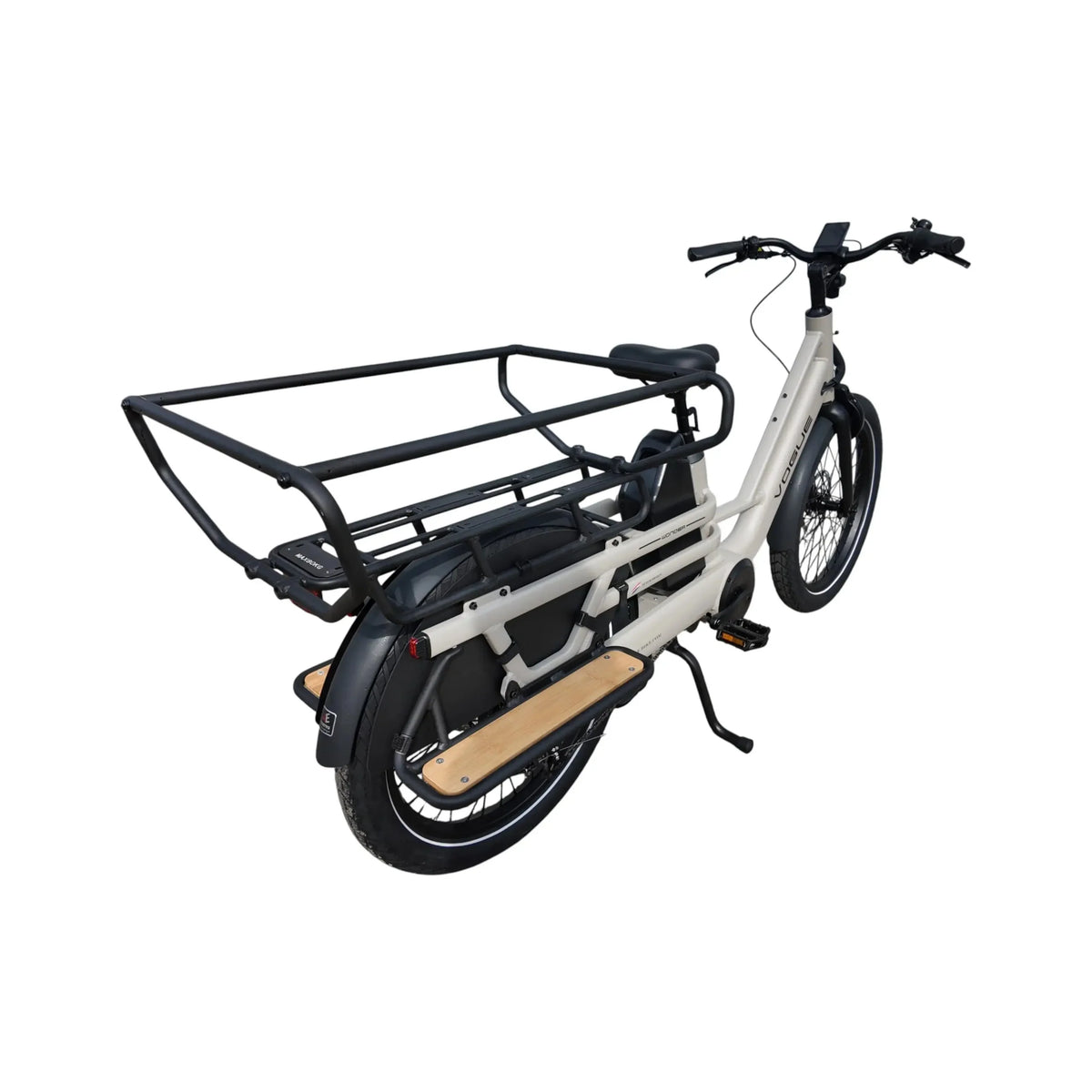 Vogue Wonder Fashion grijze elektrische longtail e-bike, gezinsvriendelijk, voorzien van zadel en stuur, klaar voor gebruik.