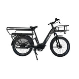 Zwarte Vogue Avalanche Matt elektrische fiets met Shimano middenmotor en lange achterdrager, ideaal voor stads- en recreatief gebruik