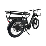 Zwarte Vogue Avalanche Matt e-bike met Shimano middenmotor en lange achterdrager, ontworpen voor comfortabel stadsgebruik