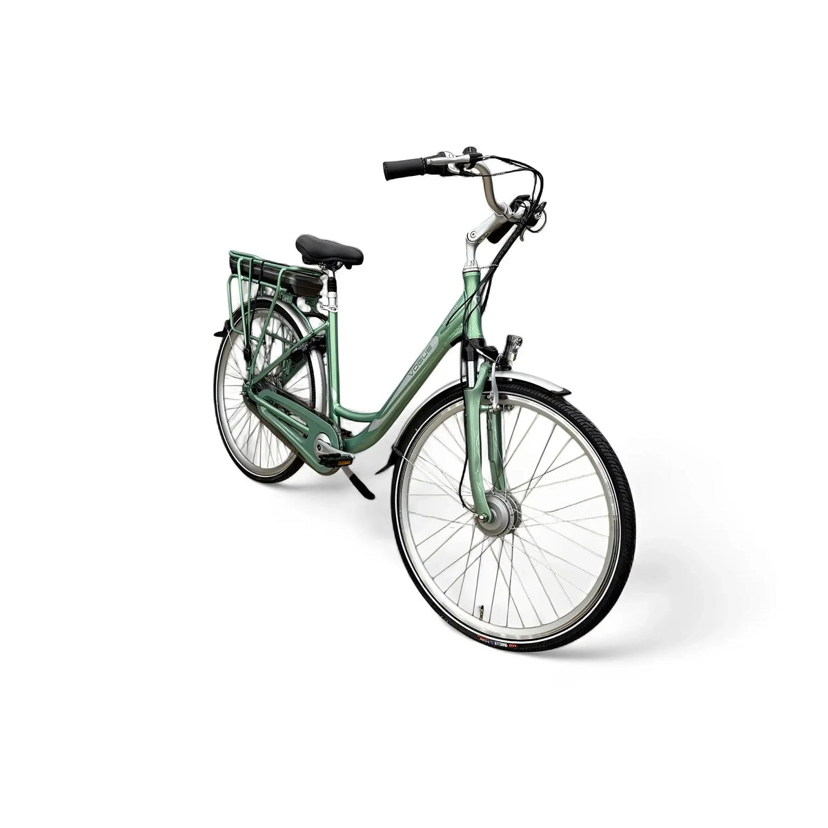 Groene Vogue Basic E-bike elektrische stadsfiets met comfortabele zithouding en 13Ah accu, ideaal voor stadsverkeer