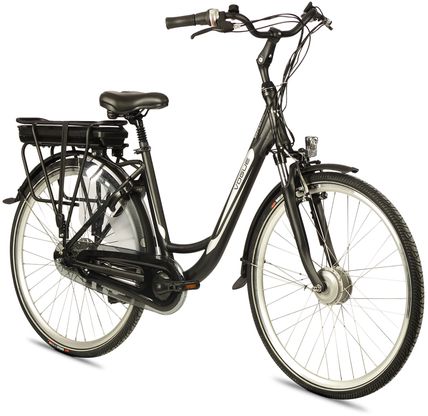 Zwart Vogue Basic e-bike elektrische fiets met comfortabele zithouding en 13Ah accu, geschikt voor stadsritten.