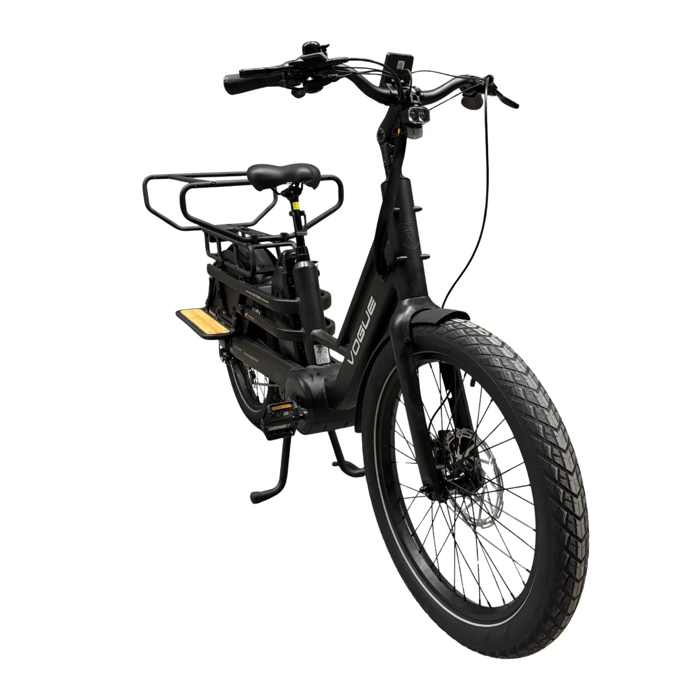Vogue Wonder zwart elektrische longtail fiets voor gezinnen, zichtbaar in doos met overzicht van fietsdetails en frame.