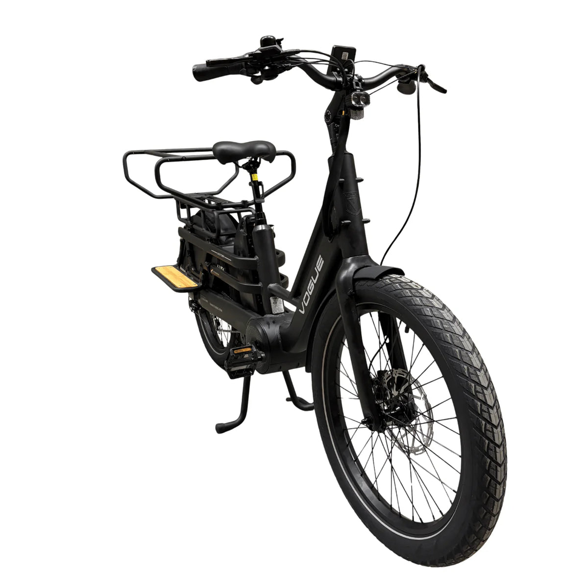 Vogue Wonder zwart elektrische longtail fiets voor gezinnen, zichtbaar in doos met overzicht van fietsdetails en frame.