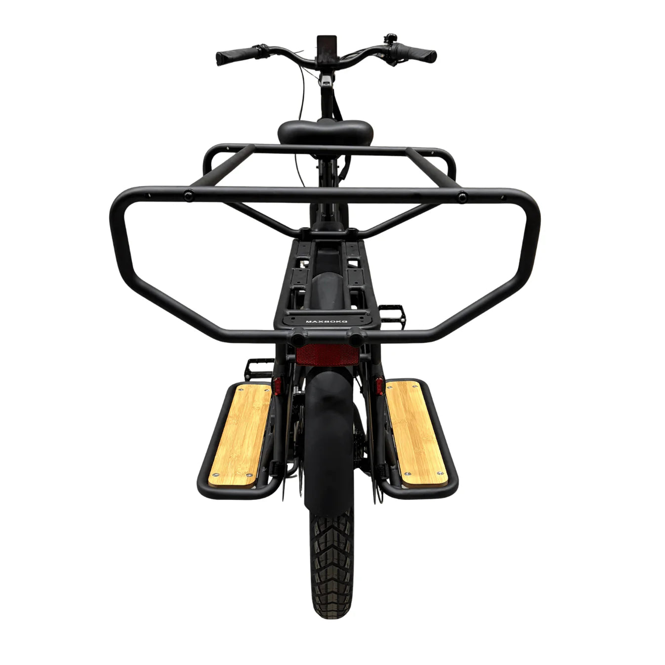 Vogue Wonder Zwart elektrische longtail fiets in doos, gezinsvriendelijk en geschikt voor dagelijks gebruik.