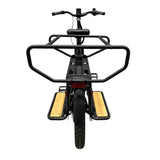 Vogue Wonder Zwart elektrische longtail fiets in doos, gezinsvriendelijk en geschikt voor dagelijks gebruik.