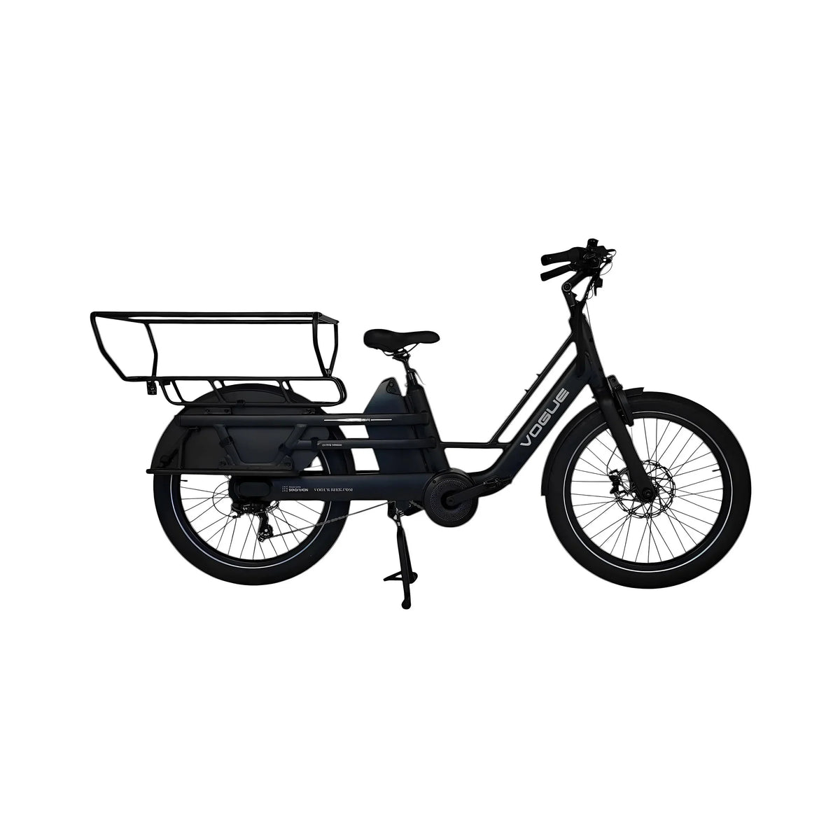 Vogue Wonder zwarte elektrische longtail fiets in doos, gezinsvriendelijk en geschikt voor comfortabel stadsgebruik