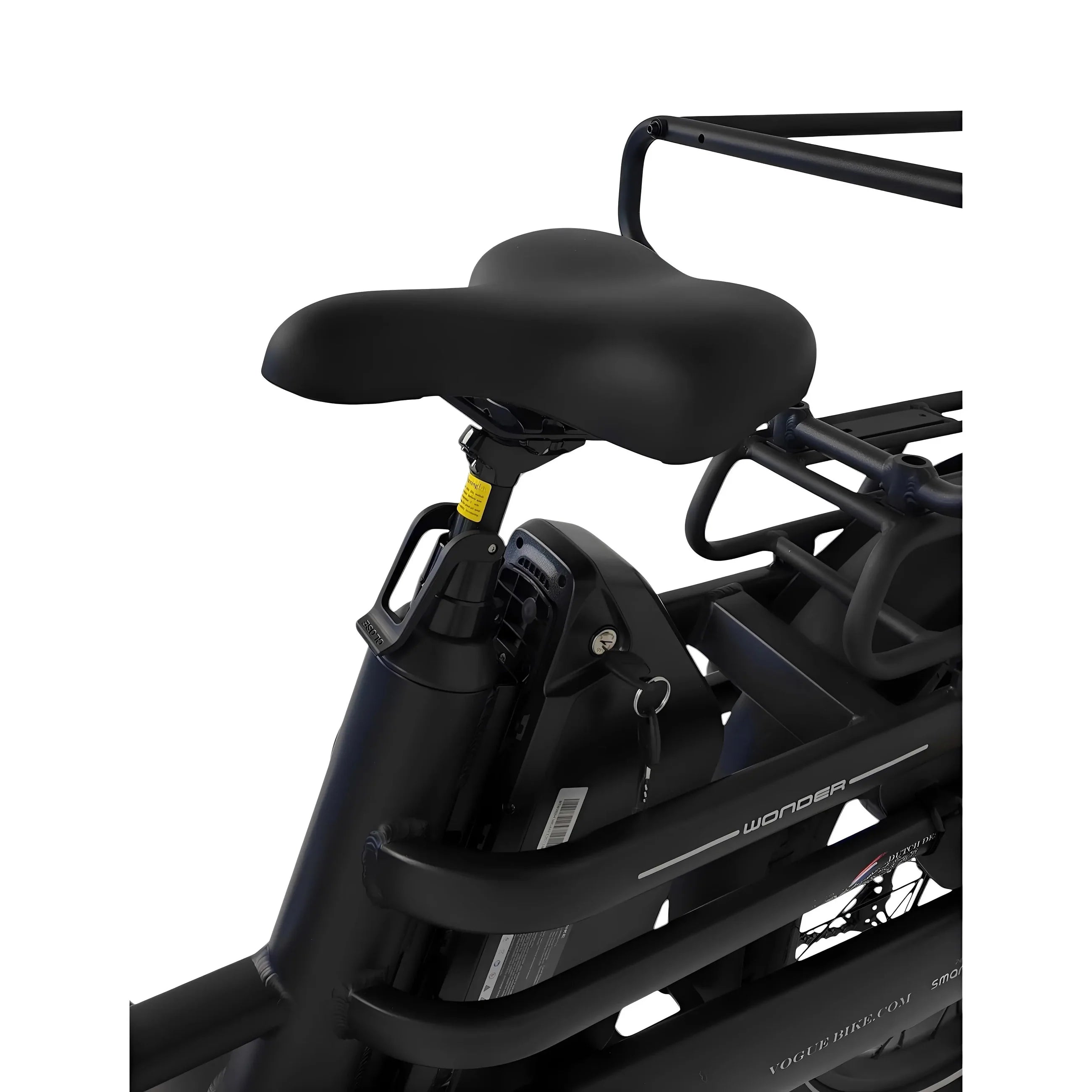 Vogue Wonder zwarte elektrische longtail fiets in doos, gezinsvriendelijk en geschikt voor comfortabel vervoer.