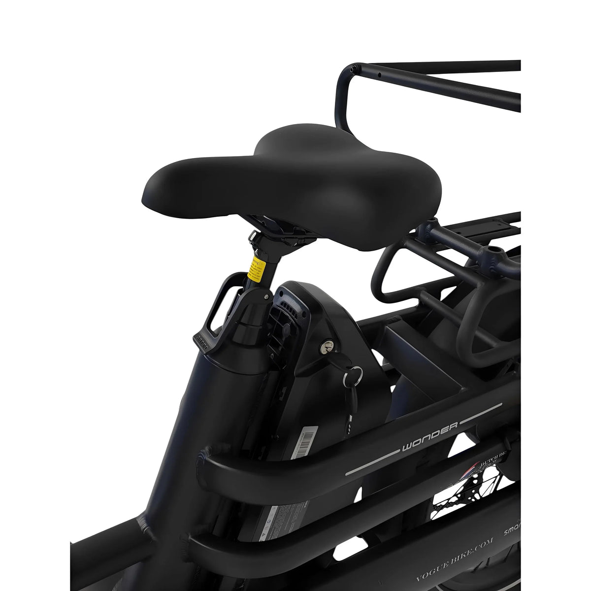 Vogue Wonder zwarte elektrische longtail fiets in doos, gezinsvriendelijk en geschikt voor comfortabel vervoer.